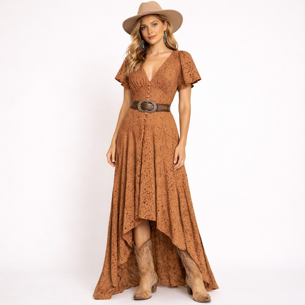 Parker Rust Lace Boho Western High Low Maxi Dress Flutter Sleeve Romantic size 6